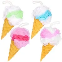 BRUBAKER Duschschwamm Badeschwamm Set Eis Waffel - 45 g Badeknäuel für Kinder und Erwachsene, 4-tlg., Körperreinigungsschwamm - Peeling Schwamm - Waffeleis Waschschwamm