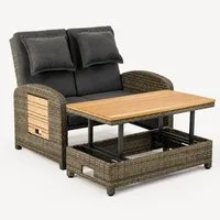 Greemotion Gartenlounge-Set Bahia Tobago 2-Sitzer Rattan grau Gartensofa mit Liegefunktion, inkl. höhenverstellbarem Tisch