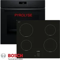 BOSCH Induktions Herd-Set Pyrolyse Backofen Schwarz Autark mit Kochfeld Induktion, Pyrolyse-Selbstreinigung, Pyrolyse + Hydrolyse