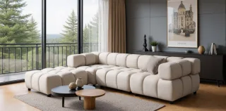 Sofa Designersofa FLOW 3-Sitzer inkl. 1 x Polsterhocker Stoff Bluvel Creme