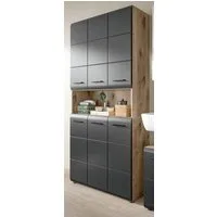 Inn.Furn Hochschrank Cover (6-türiger Bad- und Mehrzweckschrank Schwarz und Eiche, 90 x 185 cm) mit 12 Fächern