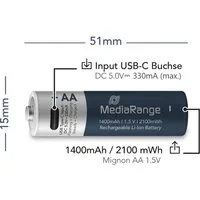 Mediarange 4 Akku AA mit USB-C Anschluss Li-Ion Mignon 1.5V 1.400mAh Ladekabel Akkupacks