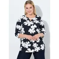 Ulla Popken T-Shirt Shirt Blüten A-Linie Rundhals Keyhole 3/4-Arm