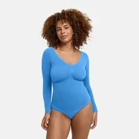 cfab (creamy fabrics) Shaping-Body Bodysuit Sculpting Shapewear Longsleeve mit String-Silver Lake Blue-2X (1-tlg)