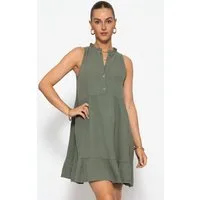 SASSYCLASSY Minikleid Ärmelloses Musselinkleid mit Volants für Damen Luftiges Sommerkleid aus Musselin Baumwolle mit Stehkragen