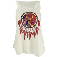 Guru-Shop T-Shirt Tanktop mit farbigem Ethnodruck - creme.. Ethno Style, Hippie, alternative Bekleidung, Festival