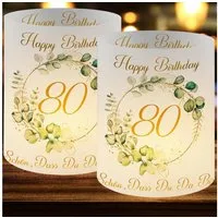 aitsite Windlicht 12x Tischlaternen Deko 80. Geburtstag „Schön dass du da bist“ (Deko-Laternen-Set aus Papier für Geburtstage & festliche Tischdekoration, 12 St., 12 Tischlaternen Geburtstag 80 Jahre Eukalyptus-Design Schriftzug), Stimmungsvolle Late
