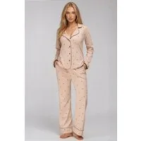 Mademoiselle Sommeil Pyjama Damen Schlafanzug in Beige mit Herzprint aus 100% Baumwolle Langarm-Hemd & lange Hose, Knopfleiste, Taschen, gefertigt in Polen