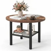 COSTWAY Couchtisch rund Metall braun mit Stauraum, Wohnzimmertisch 60x60cm