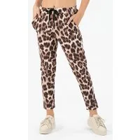 Kendindza Collection Jogger Pants Damen Leo Print Hose elegant Leopardenmuster Stoffhose Stretch