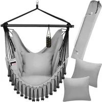 tectake Hängesessel Hängeschaukel, Belastbarkeit 150 kg, ca. 100 x 150 x 150 cm (Hängestuhl Malika, in Grau), dicke Kissen, mit Bücherfach & Flaschenhalterung, inkl. Tragetasche