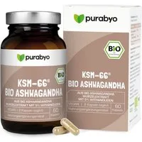 Purabyo BIO Ashwagandha KSM-66, 300 mg Extrakt pro Kapsel, im Glas Kapseln, 60 St., 22.5 g