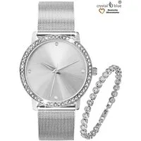 crystal blue Quarzuhr Damenuhr Mesh & Tennisarmband silber mit cubic Zirkonia Kristallen, kostenlose Lieferung