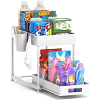 Refined Living Ablageregal Waschbecken Regal, Küchenschrank Organizer, Spülschrankregal Organizer, Lagerregal mit 2 Ebenen, mit Schiebeschublade, 4 Haken und 1 TassenSpülschrank Organizer, 1-tlg., Unter Waschbecken Regal,Arbeitsplatte Regal mit Schie
