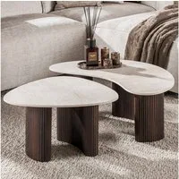 alesvelt Couchtisch Set CERAMO ONDA Organische Puzzle-Satztische mit Rillen-Gestell (2er-Set), 88x44x35cm, 65x54x35cm, Taj-Mahal Keramik