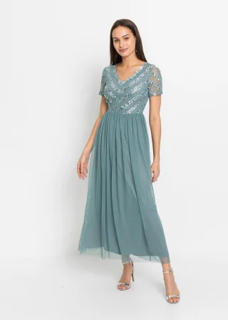 bonprix Maxikleid mit Paillettenstickerei, petrol, Gr.46, Elegantes Tüllkleid mit gemusterter Paillettenstickerei