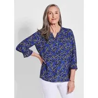 GOLDNER Schlupfbluse Elegante Printbluse mit Rundhalsausschnitt Viskose Bluse mit Blätter-Dessin und Rüschen, 3/4-Arm