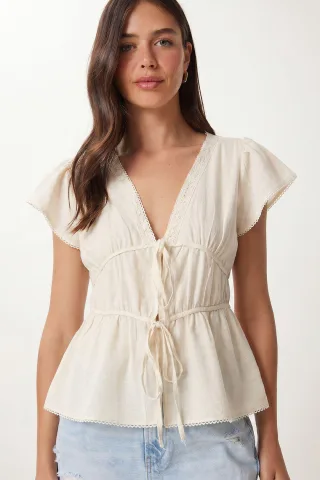 Viscose Popeline V-Ausschnitt Bindebluse