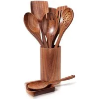 SURFOU Kochbesteck-Set Acacia Holz Küchenhelfer Set, 9 teilig inkl. Aufbewahrungsständer (Set, Pfannenwender, Kochlöffel, Schöpflöffel, Ständer, Löffelablage), Inkl. Pfannenwender und Kochlöffel. Schont Anti-Haft-Beschichtungen.