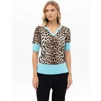 Passioni T-Shirt mit Leopardenprint und Türkisem Saum Sommer Shirt mit Leopardenmuster und V-Ausschnitt