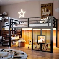 Merax Hochbett mit LED-Beleuchtung (1-St., Jugendbett Einzelbett Hausbett) Metallbett Kinderbett 90x200cm mit Treppe, Stauraum & Fenster