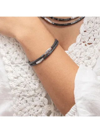 Zeeme Stainless Steel Armband Edelstahl 2-reihig mit Hämatit-Steinen 17,5+3cm lang