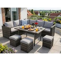 MeXo Gartenlounge-Set Polyrattan Gartenmöbel Set 8 Personen mit Esstisch, (Belastbarkeit pro Sitzplatz bis zu 140kg, 7-tlg., 3x Hocker, 2x 2er Sofa, 1xEcksofa, Tisch 132x76x67cm, Inkl. Auflagen), wetterfestes Loungemöbel Set für Terrasse und Garten