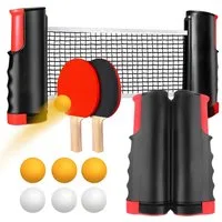 AKKEE Tischtennisschläger Set für 2 Spieler 10 Stück mit ausziehbarem mobilen Tischtennisnetz