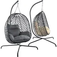Goods+Gadgets Hängestuhl Polyrattan Hängestuhl mit Gestell und Kissen–Komfort für Innen & Außen (Hängekorb Sessel), Schwebeliege Rattan Outdoor & Indoor Relax Hängeliege
