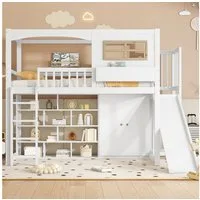 Merax Hochbett (1-St., Kiefer Kinderbett Kinderhaus mit Fallschutzgitter & Fenster) Etagenbett 90x200cm mit Kleiderschrank Ablagefächer Rutsche Leiter