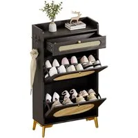 Yorbay Schuhschrank Schmal,Schuhkipper mit 2 Klappen & 1 Schublade,Rattan-Deko (60 x 24 x 110,5 cm) Metallbeinen & Haken, für Flur & Eingangsbereich