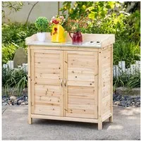 Outsunny Geräteschrank mit verzinkter Arbeitsplatte, 2 Regalböden (Outdoor Gartenschrank, 1-St., Pflanztisch mit Unterschrank) für Garten Balkon Terrasse 83 x 40 x 92cm Naturholz