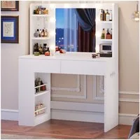 HOMALL Schminktisch Mit dreifarbiger LED-Beleuchtung, Helligkeit einstellbar (Länge × Breite × Höhe) 90 × 40 × 137 cm, mit Steckdose und 2 USB-Anschlüssen, seitliche Schränke links und rechts austauschbar, 8 offene Ablagefächer, 2 Schubladen, 4 Schmu