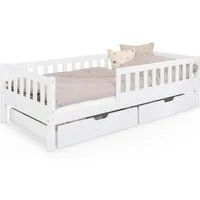 Ehrenkind Kinderbett Lille aus massivem Kieferholz inkl. Rollrost und Rausfallschutz (90x200 cm Weiß, 2-in-1: Mit optionalem Umbauset zum Bodenbett umbaubar), flexibler Rausfallschutz beidseitig montierbar