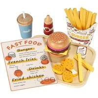 CLTYQ Kinder-Küchenset Holzspielzeug Lebensmittel für Kleinkinder, Rollenspiele für 3–5 Jahre, (27-tlg), Fast-Food-Spiel mit Hamburger-Baukasten, Küchen-Accessoires
