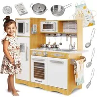 Mamabrum Kinder-Küchenset XXL-Holzküche mit LED-Beleuchtung, Schürze und Zubehör- Spielset