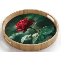 OnlyWow Tablett Rund mit Henkel Rose - Blätter - Tiefrot, Eichenholz, (1-tlg), Siervierplatte, Tray, Frühstücksbrett