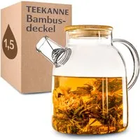 Cosumy Teekanne Teekanne Glas 1,5 Liter mit Deckel aus Bambus - Filter im Auslauf, 1500 l, (Packung, Teekanne mit Deckel), Getränke