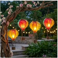 Expo Börse LED Solarleuchte, LED-Leuchtmittel fest verbaut, Warmweiß, LED Solar Außen Hängelampe Heißluftballon Gartenleuchte bunt 4er Set