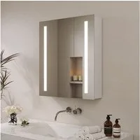 AQUABATOS Badezimmerspiegelschrank Groß mit Led Spiegelschrank Bad mit Steckdose und Beleuchtung 80x60cm (60x70 cm Badschrank mit Spiegel Wandschrank Badezimmer Badmöbel, Doppelseitige Glasspiegel,Kaltweiß, Infrarot Sensor (IR) Beschlagfrei, 2 Türen,