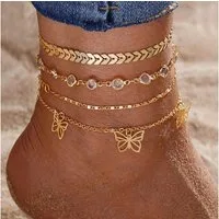 MOPUEA Fußkette Damen-Knöchelarmband, verstellbar, Farbe Gold (Boho Multi Geschichtet Schmetterling Fußkettchen Armband, 4-tlg., für Frauen und Mädchen Sommer Strand Abschlussfeiern), Vielseitig kombinierbar, vielseitiger Fußschmuck für Sommerausflüg