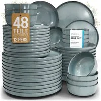 PURE LIVING INTERIOR DESIGN Geschirr-Set Pure Living »Rustic« (48-tlg), 12 Personen, Steingut, Rauchblau, 12 Personen, Steingut, Mediterrane Handwerksoptik, Reaktive Glasur – jedes Stück einzigartig…