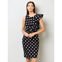 Alba Moda Etuikleid Gepunktetes Volantkleid in Midi-Länge Gepunktetes Design mit rundem Ausschnitt und ohne Verschluss
