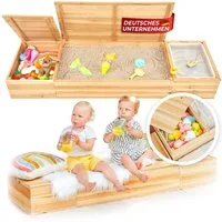 SCHRIMA Sandkasten 4 in 1 Sandkasten aus Massivholz - mit Holzabdeckung + Wasserwanne