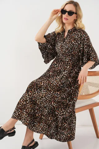 Bedrucktes V-Ausschnitt Midi-Kleid mit Dreiviertelärmeln