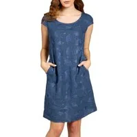 Caspar Sommerkleid SKL031 knielanges Damen Sommer Leinenkleid mit Ginko Blatt Stickmuster Luftig leicht, figurumspielende Form, mit seitlichem Jersey-Einsatz