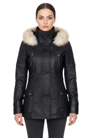 Damen-Parka mit Steppung und Pelzkapuze, Schwarz, Lammleder – Duchess