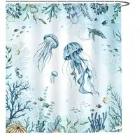 Agger Duschvorhang Duschvorhang Qualle Blau Ozean Meeresschildkröte 180 x 180 cm Breite 180 cm, Anti-Schimmel Wasserdicht Polyester Stoff Waschbar Bad Vorhäng