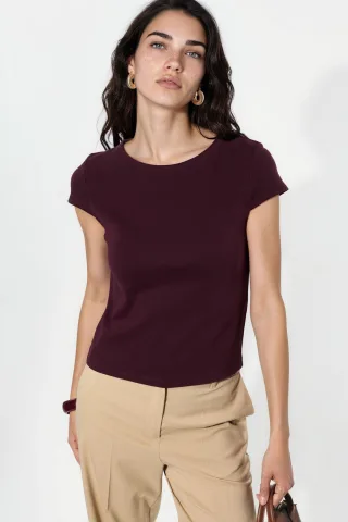 Crewneck Kurzarm Baumwollmischung Bluse