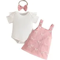 Lapastyle T-Shirt & Kleid Kleidung für Babymädchen, Kurzarm-Strampler, Latzkleid und Stirnband (Set, 3-tlg) Sommerliche Rüschen-Outfit-Sets, für Partys und Urlaub